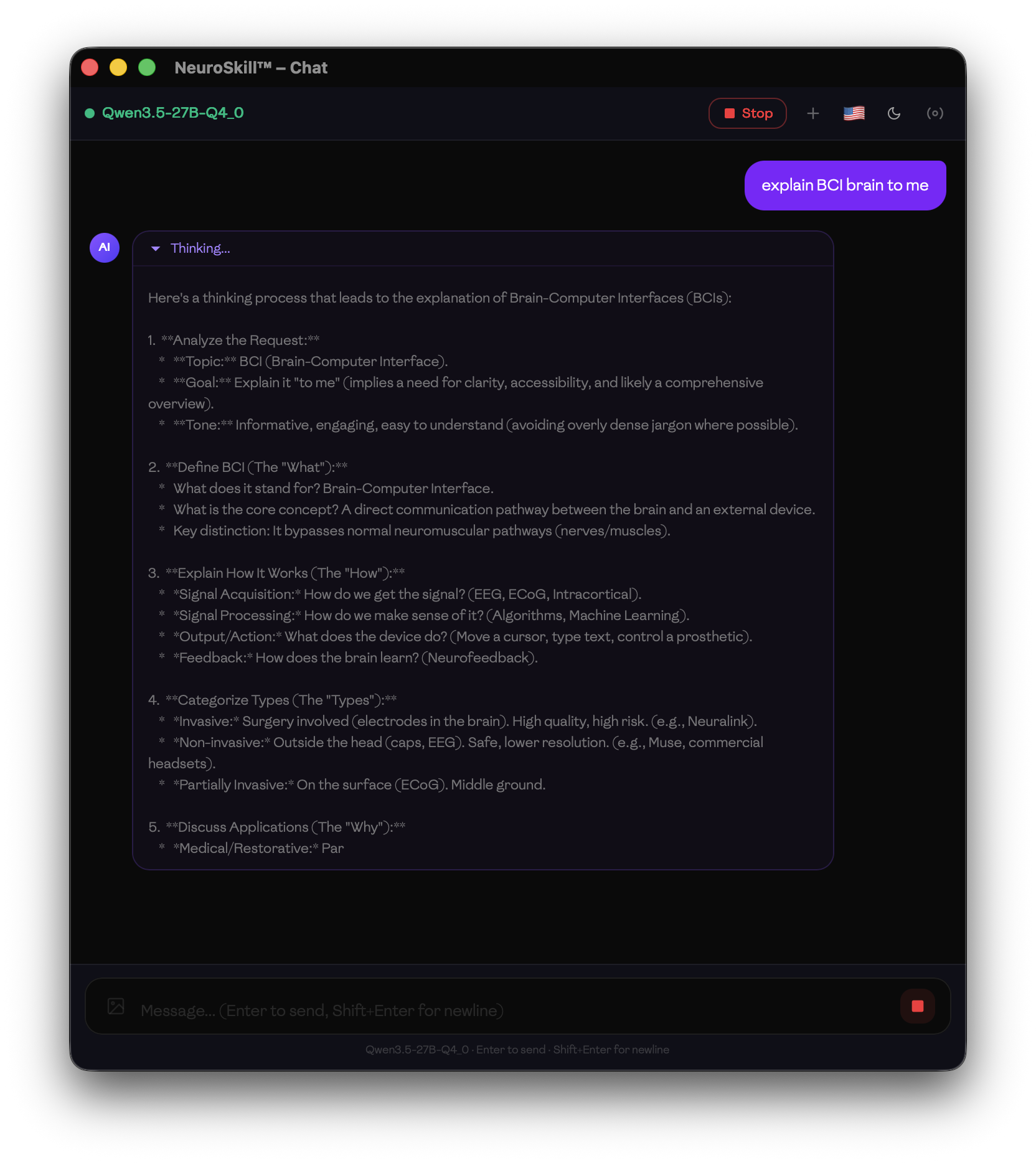 LLM Chat — model explaining BCI concepts with reasoning