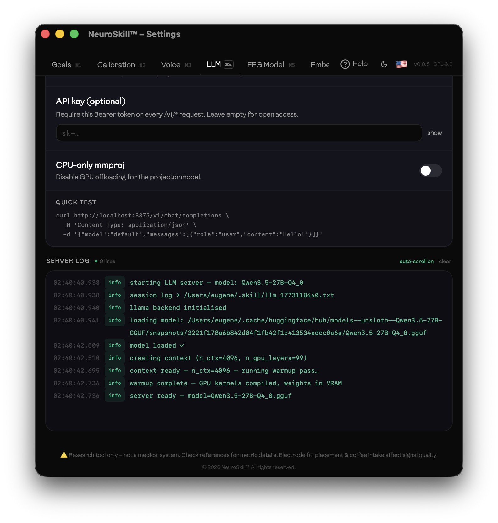 Settings LLM — API key, quick test curl, and live server log