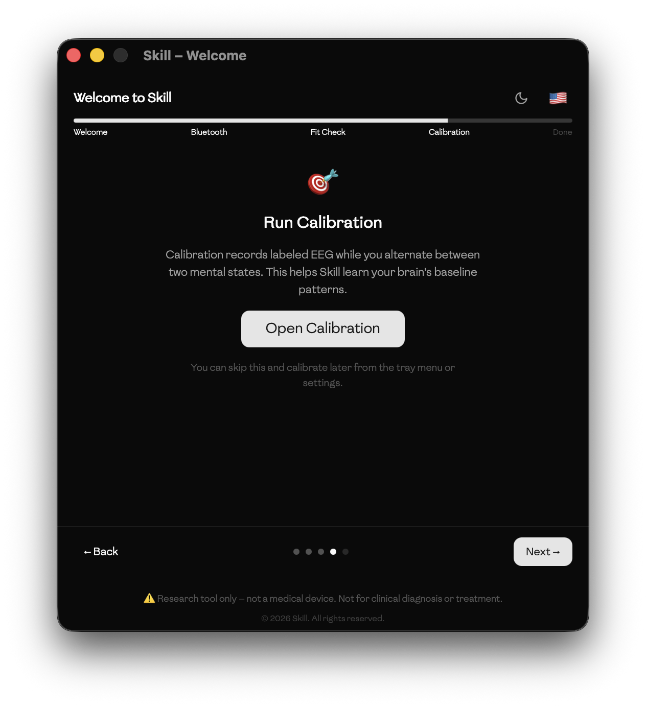 Setup wizard — calibration step in dark mode